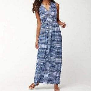 Tommy Bahama Greek Grid Tambour Sleeveless Maxi Dress Blue/White in Medium
